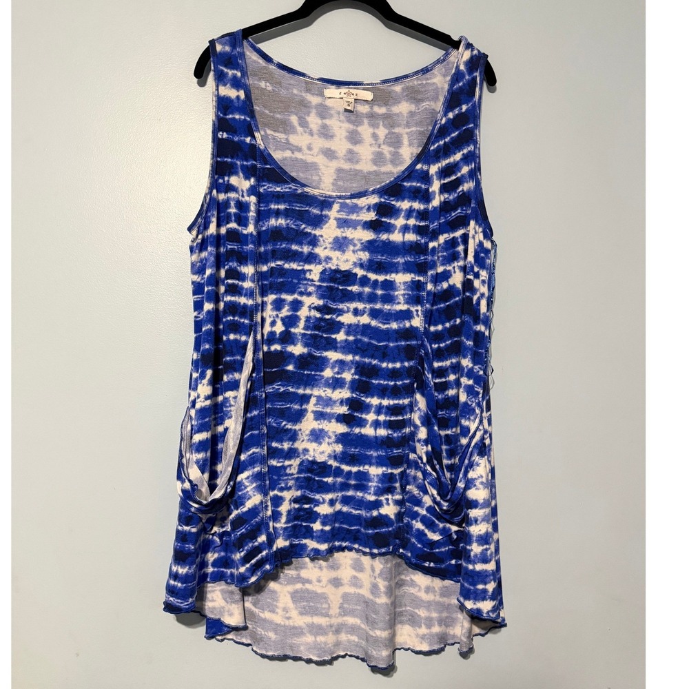 Fever Women's 1X Blue White Tie Dye Sleeveless Tunic Top Draped Pockets